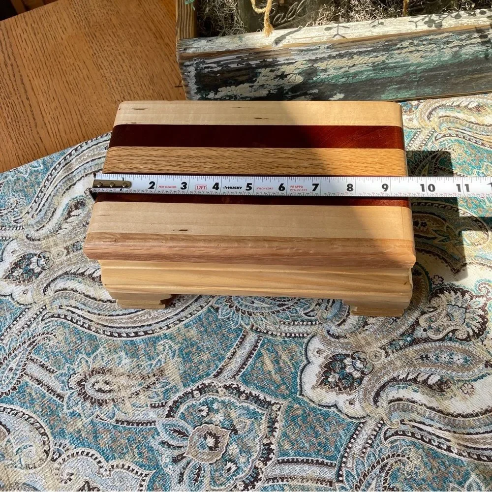 Artisan Signed Striped Hardwood Jewelry Keepsake Box Red Lined Footed